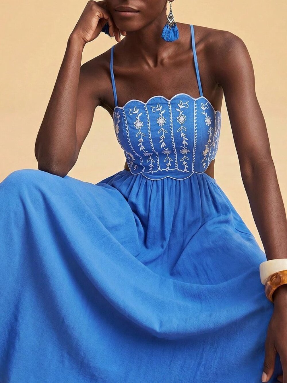 Royal Blue Boho Women's Floral Embroidered Elegant Backless Camisole Dress - Picture 1 of 7